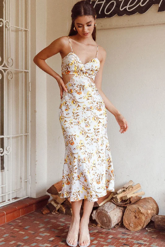 Cariba Cut-Out Waist Midi Dress Floral Yellow