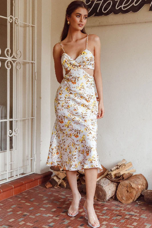 Cariba Cut-Out Waist Midi Dress Floral Yellow