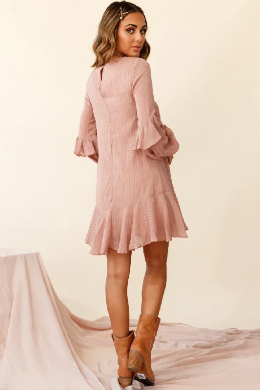 Cate Crew Neckline Balloon Sleeve Frill Dress Rose