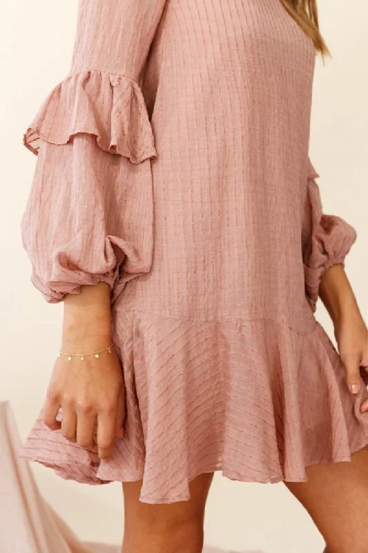 Cate Crew Neckline Balloon Sleeve Frill Dress Rose