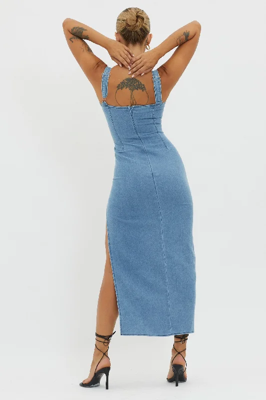 Catriona Ruffle Split Midi Dress Denim