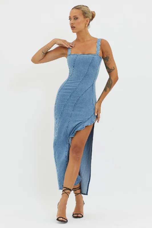 Catriona Ruffle Split Midi Dress Denim