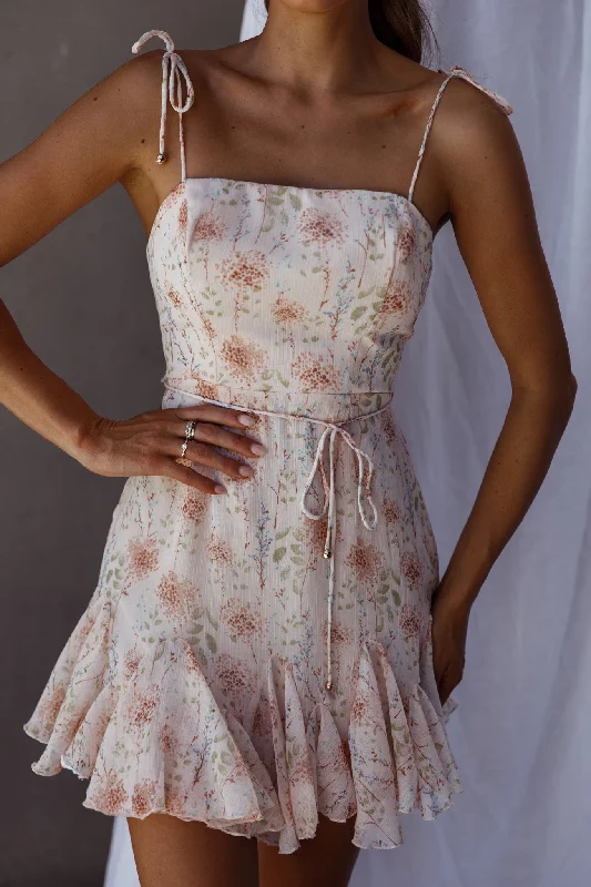 Charliza String Tie Godet Hem Dress Floral Peach