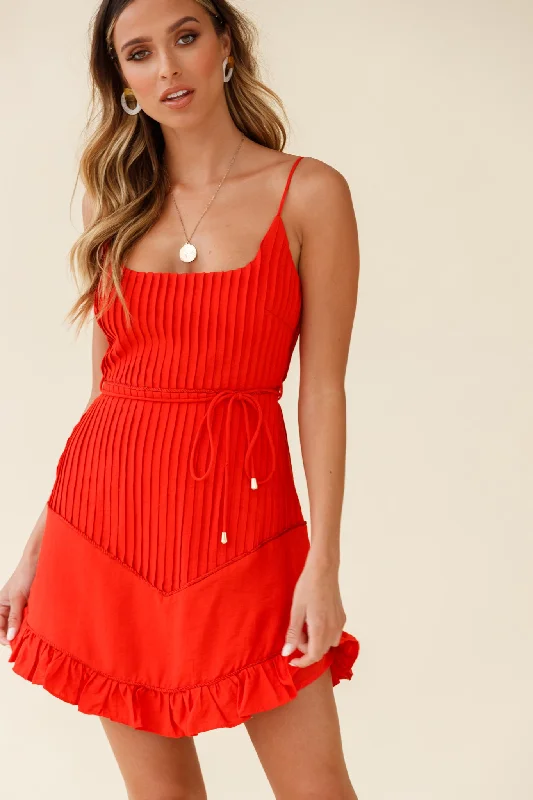 Charmed Pintuck Pleat Spaghetti Strap Dress Red