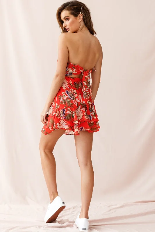 Chase Strapless Tie-Knot Back Floral Print Dress Red