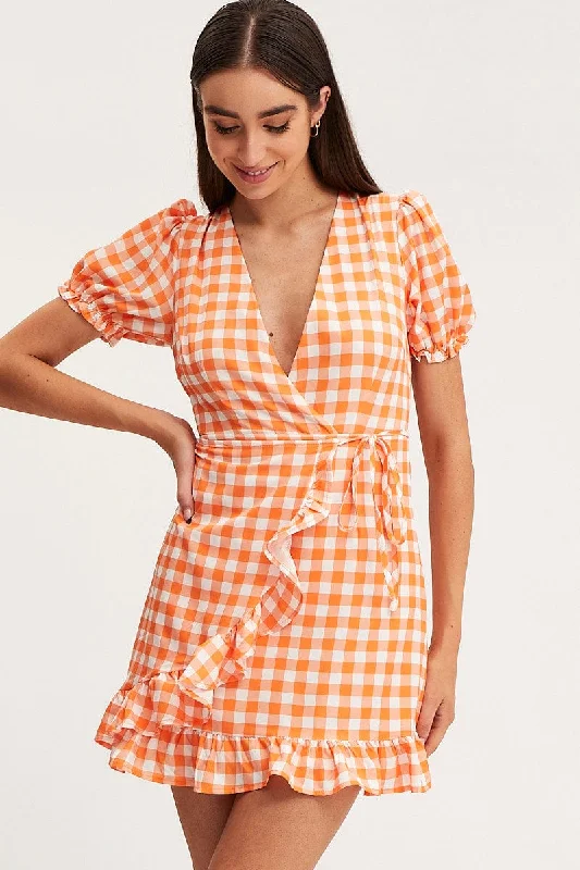 Check Wrap Dress Short Sleeve