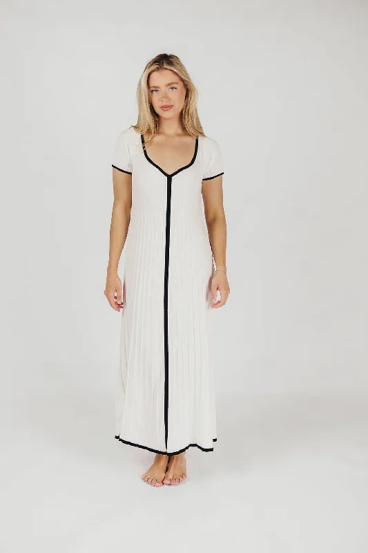 Marilyn Pleated Knit Maxi Dress with Contrast Binding in Off-White