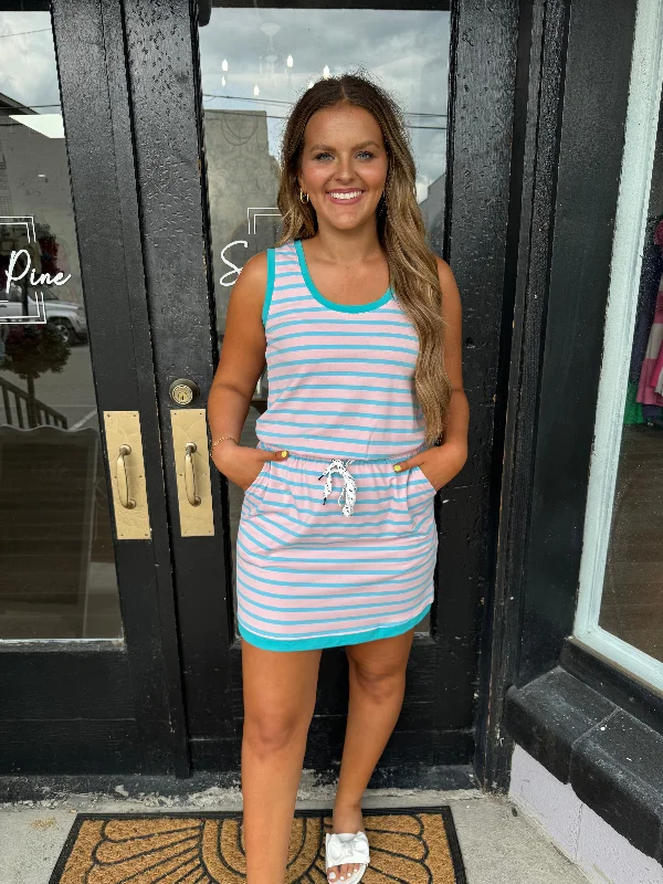 Pink & teal striped casual dress