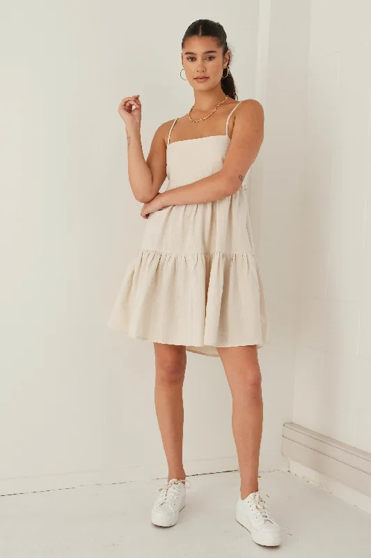 Cosmos Natural Linen Cotton Strappy Tie Back Tiered Mini Dress