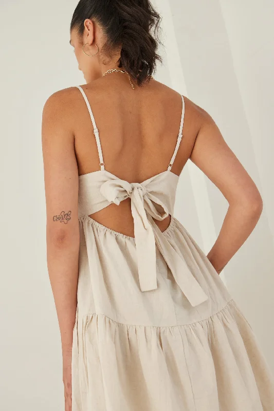 Cosmos Natural Linen Cotton Strappy Tie Back Tiered Mini Dress