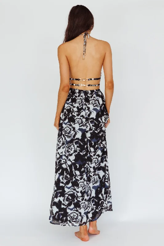 Cyndi Open Back Halterneck Maxi Dress Floral Black