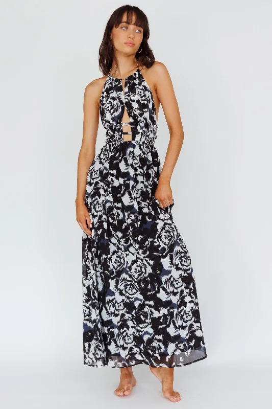 Cyndi Open Back Halterneck Maxi Dress Floral Black