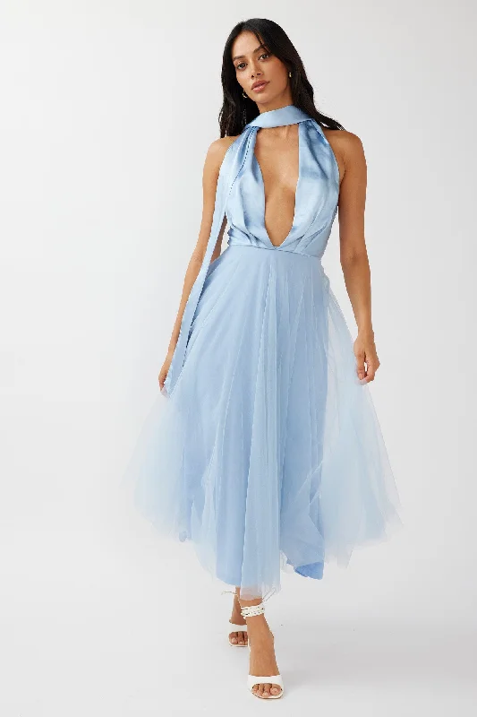 Darci Plunging Neckline Tulle Midi Dress Blue