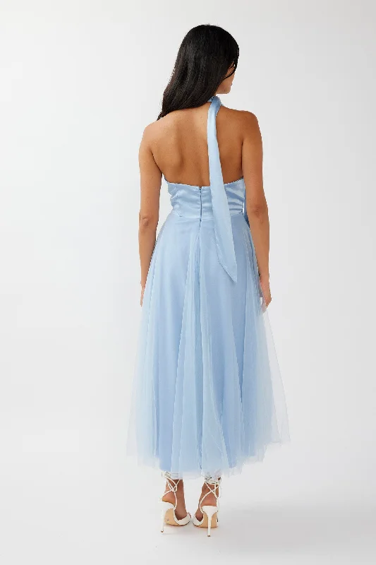 Darci Plunging Neckline Tulle Midi Dress Blue