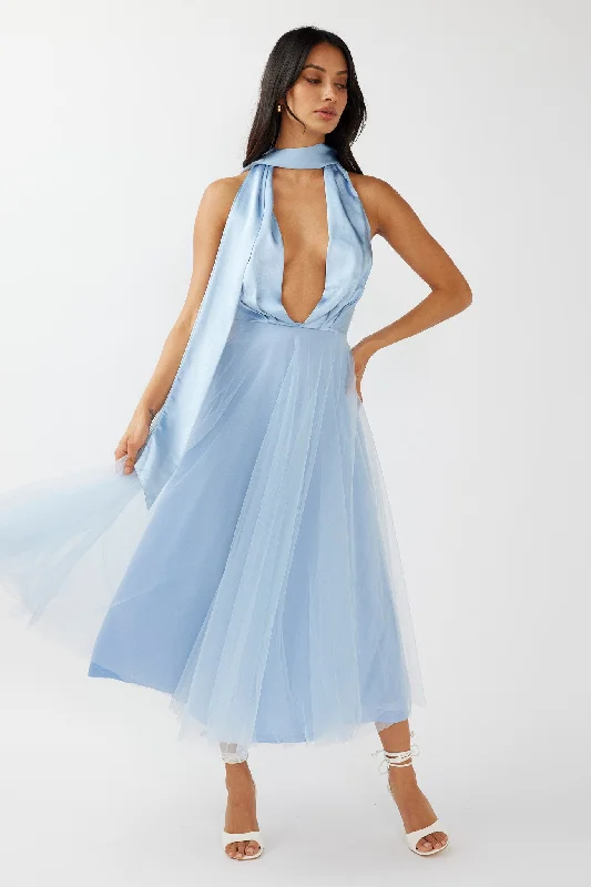 Darci Plunging Neckline Tulle Midi Dress Blue