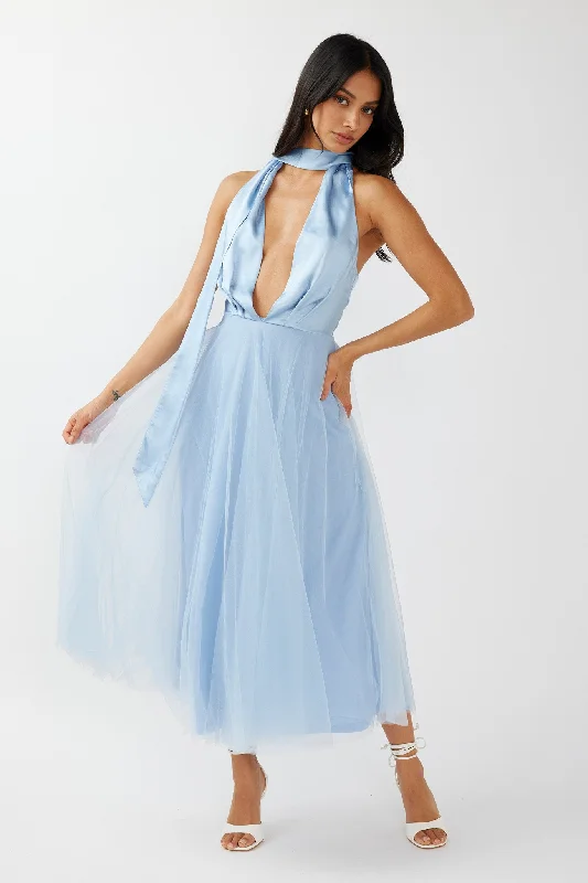 Darci Plunging Neckline Tulle Midi Dress Blue