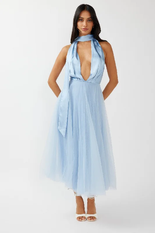 Darci Plunging Neckline Tulle Midi Dress Blue