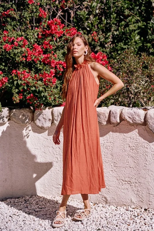 Deep Coral Halter Neck Maxi Dress