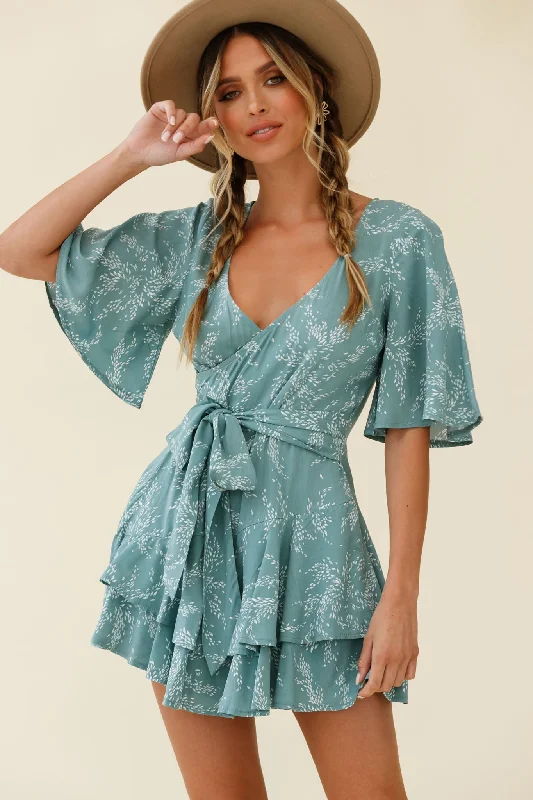 Davina Angel Sleeve Cut-Out Back Romper Leaf Print Sage