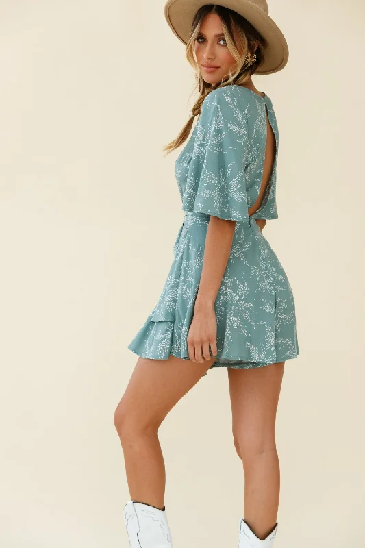 Davina Angel Sleeve Cut-Out Back Romper Leaf Print Sage