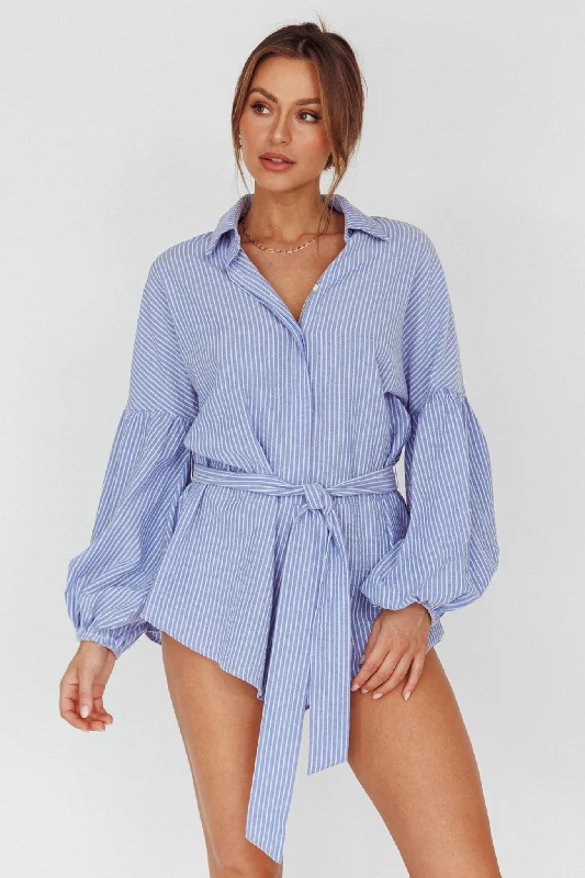 Daytona Beach Long Sleeve Shirt Romper Blue Stripe