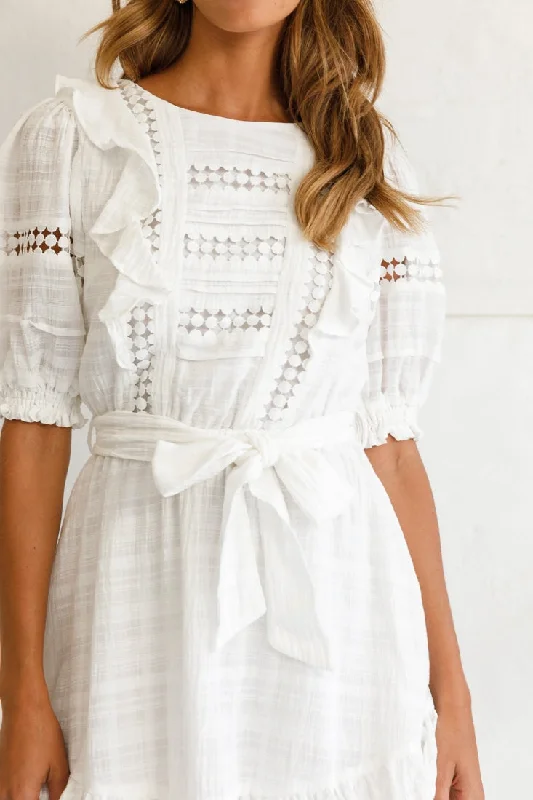 Delia Puff Sleeve Crochet Detail Dress White