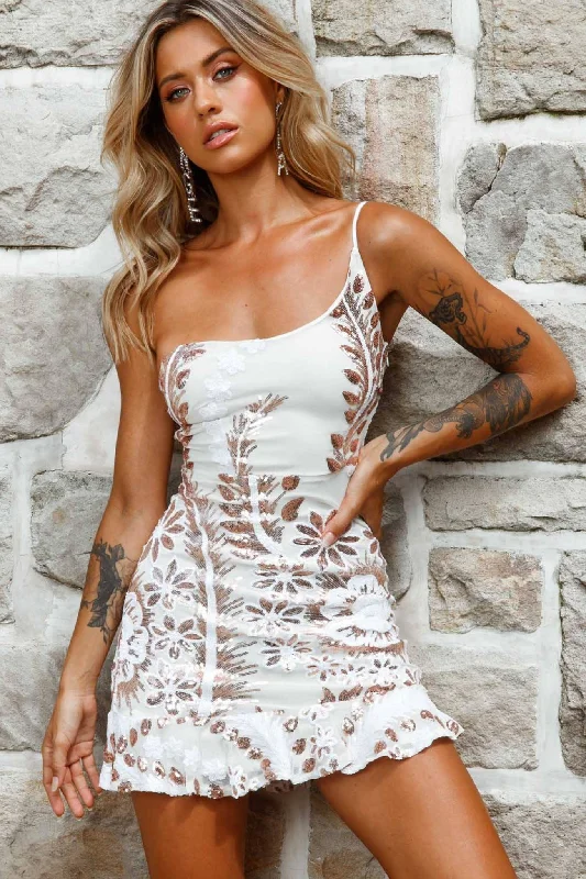 Don't Wait Up One Shoulder Sequin Dress White/Gold