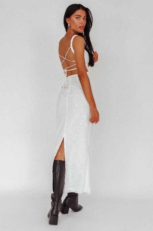 Dream Crush Lace-Up Back Mesh Overlay Midi Dress White