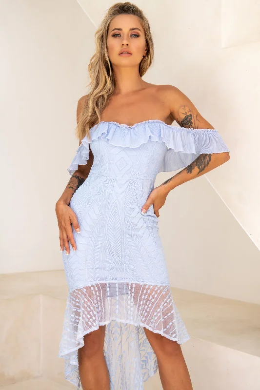 Dreamy Off-Shoulder High-Low Hem Dress Steel Blue