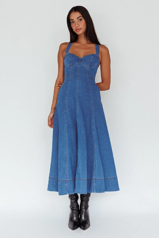 Ellora Criss-Cross Back Denim Maxi Dress Navy