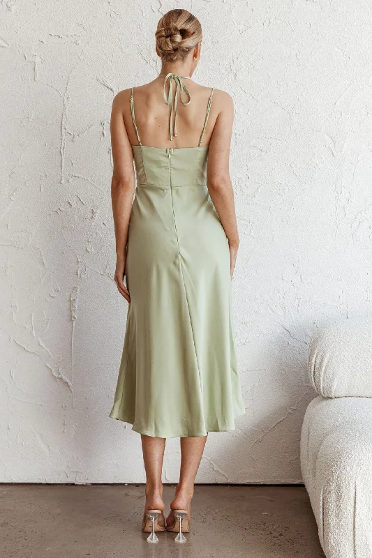 Emmalie Satin Midi Dress Sage