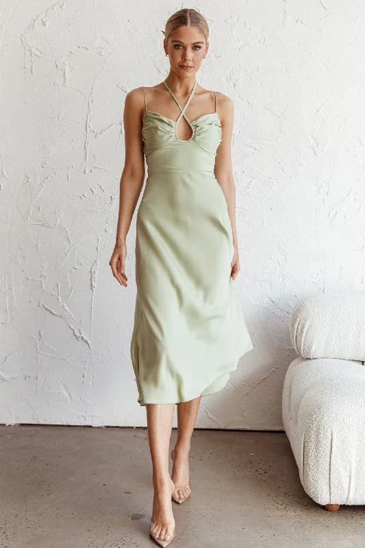 Emmalie Satin Midi Dress Sage