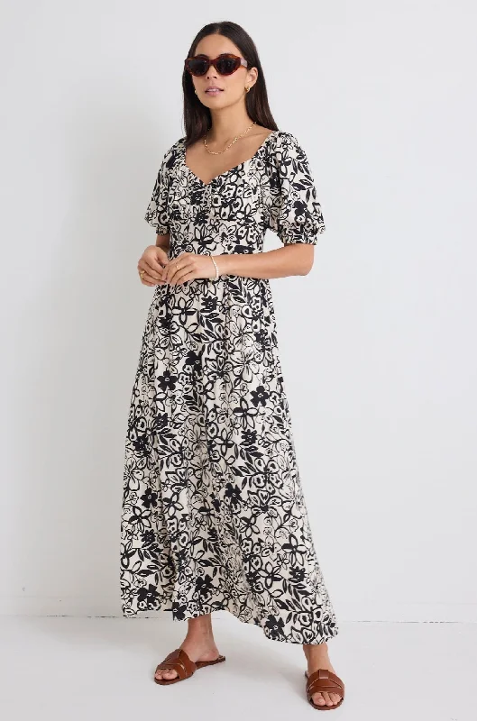 Endearing Cream & Black Floral Smocked Bodice SS Midi Dress