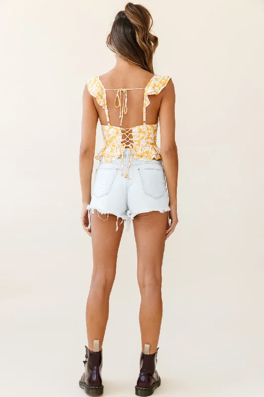 Eyes On The Prize Lace-Up Back Ruffle Crop Top Floral Print Yellow