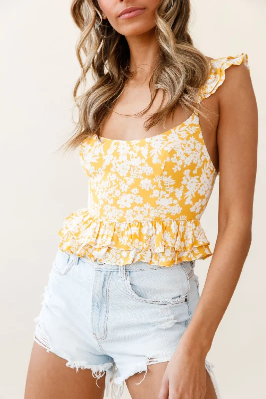 Eyes On The Prize Lace-Up Back Ruffle Crop Top Floral Print Yellow