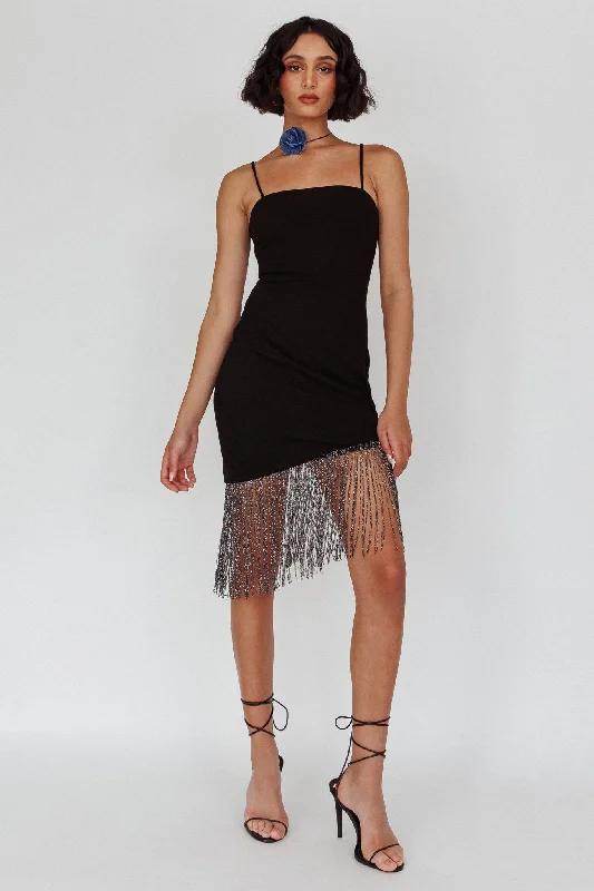 Fame & Fortune Fringe Hem Mini Dress Black