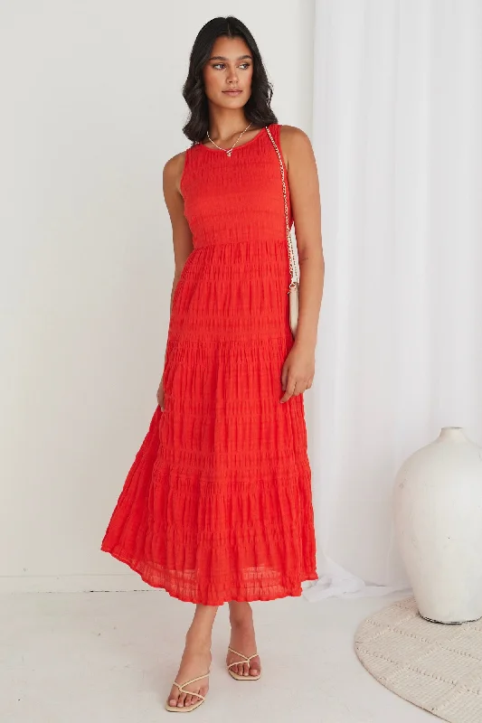 Florentena Sunset Shirred Cotton Sleeveless Tiered Maxi Dress