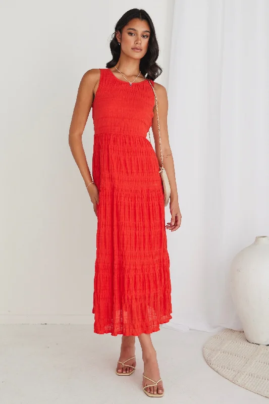 Florentena Sunset Shirred Cotton Sleeveless Tiered Maxi Dress