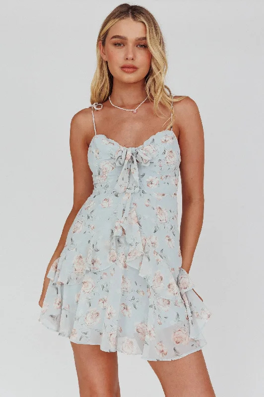 Flower Child Bust Tie Ruffle Trim Dress Rose Print Blue