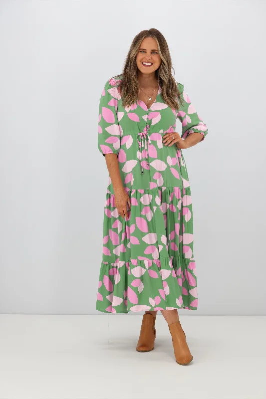 Fria Amelia Amora 3/4 Sleeve Maxi Dress Green