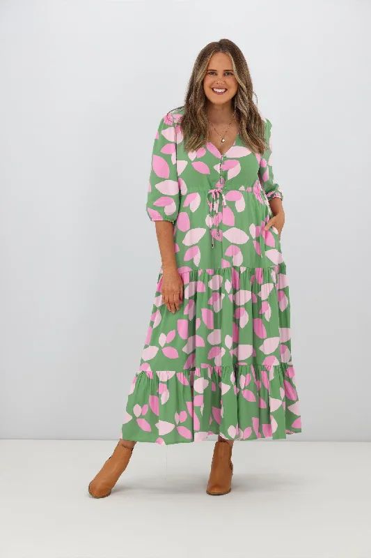 Fria Amelia Amora 3/4 Sleeve Maxi Dress Green