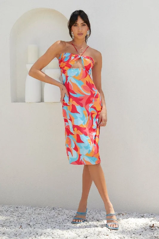 Geo Print Midi Dress Halter Neck