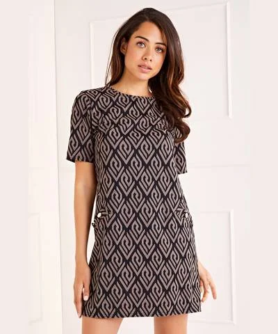 Geometric Print Side Button Shift Dress