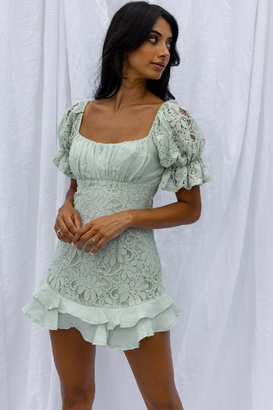 Georgia Peach Puff Sleeve Double Frill Hem Lace Dress Mint