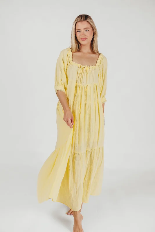 Goddess 100% Cotton Babydoll Maxi Dress in Light Yellow - Bump Friendly