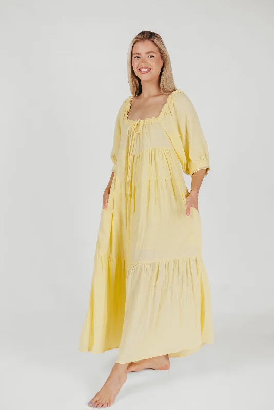 Goddess 100% Cotton Babydoll Maxi Dress in Light Yellow - Bump Friendly