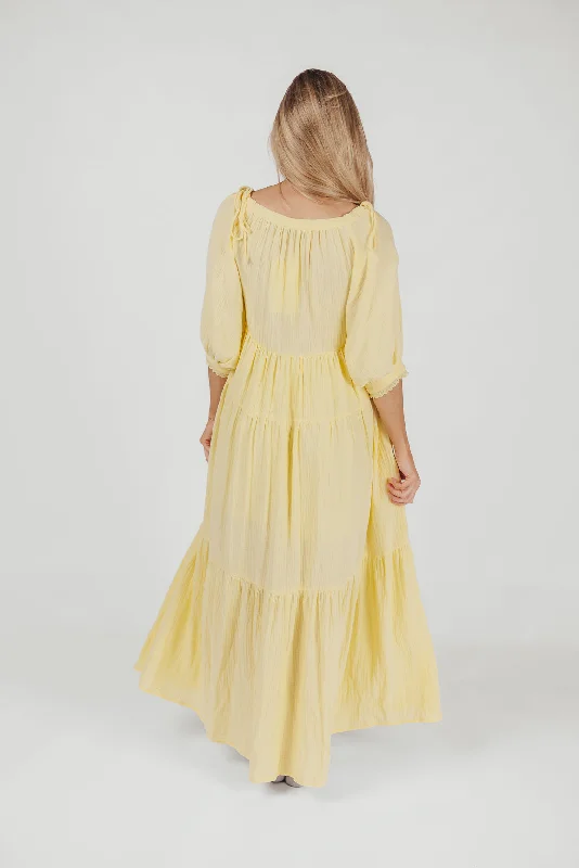 Goddess 100% Cotton Babydoll Maxi Dress in Light Yellow - Bump Friendly