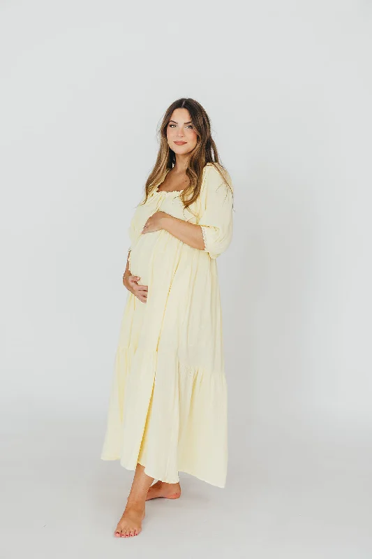 Goddess 100% Cotton Babydoll Maxi Dress in Light Yellow - Bump Friendly