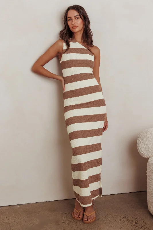 Gracey Striped One Shoulder Maxi Dress Beige/White