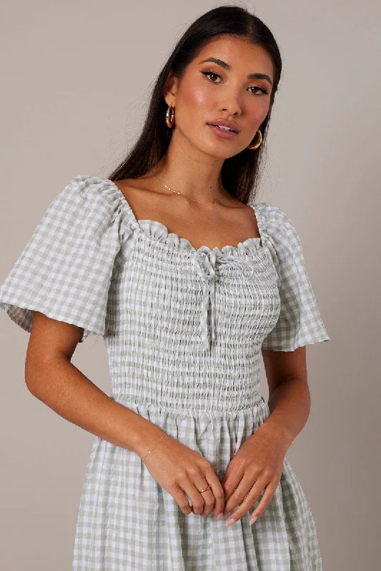 Green Check Maxi Dress Short Sleeve Shirred